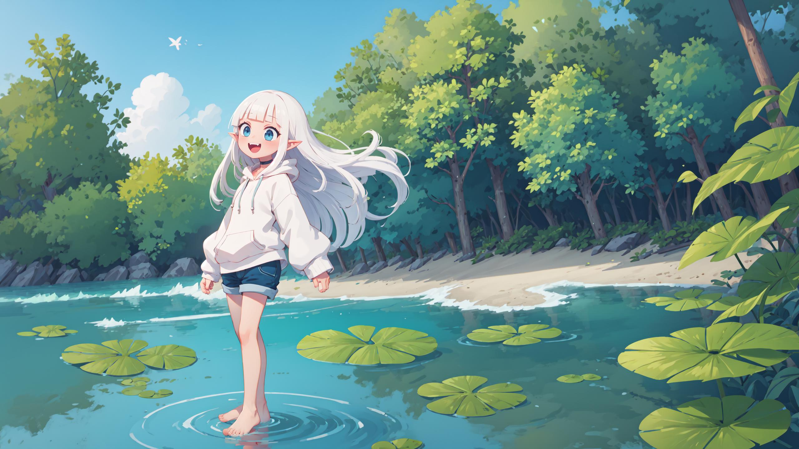 Anime girl standing in water with lily pads in front of a river - SeaArt AI