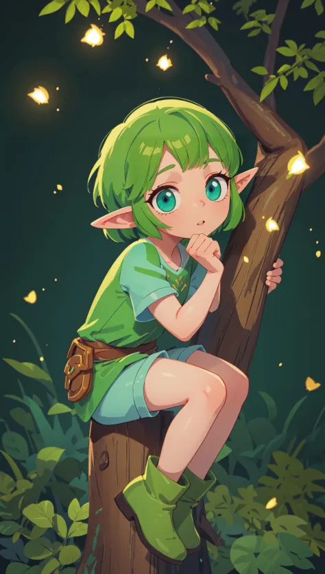 1girl, (green hair:1.1), short hair, pointy ears, wearing a green (tunic:1.2) and shorts, (illustration:1.1), highres, (extremely detailed CG unity 8k wallpaper:1.1), (midshot:1.1), (fullbody:1.25), (solo:1.2), plant, tree, (beautiful eyes:1.15), green boots, leaves swirling around the girl, wariza, leaning against tree at night, blue_eyes, (beautiful face:1.15), (((flat background))), (fireflies:1.1), parted lips, highly detailed face, ultra realistic, masterpiece, best quality, the legend of zelda, bokeh, extremely detailed, intricate