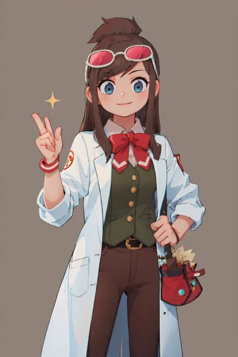 (masterpiece, best quality:1.2), solo, 1girl, ema skye, smile, looking at viewer, tinted eyewear on head, open clothes, labcoat, green vest, red bow, brown pants, wristband <lora:aa_emaskye:0.9>