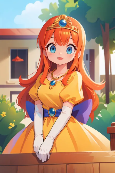 (masterpiece, best quality:1.2), solo, 1girl, dqLaura, orange hair, smile, looking at viewer, tiara, necklace, yellow dress, elbow gloves <lora:dqlaura-nvwls-v1:0.9>