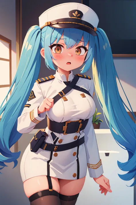 (masterpiece, best quality:1.2), solo, 1girl, privaty \(nikke\), blush, flustered, looking at viewer, blue hair, twintails, peaked cap, white military uniform, long sleeves, straps, black thighhighs <lora:privaty-nikke-richy-v1:1>