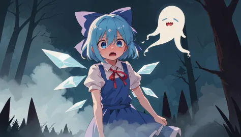 cirno, solo, mangas cortas hinchadas, pelo azul, lazo azul, lazo para el pelo, pelo entre los ojos, blue eyes, cinta para el cuello, Vestido azul, alas de hielo, Camisa blanca, vestido delantal, cabello corto, listón rojo, aterrorizado, asustado, DESCANSO horrorizado (oscuridad:1.2), Noche, (fantasma:1.1), niebla, Al aire libre, bosque, Pino, escalofriante, horror \(tema\), obra maestra, mejor calidad