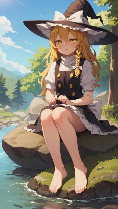 kirisame marisa, 블론드 헤어,  마녀 모자, 노란 눈, 사이드 브레이드, 훌륭한, 위를 올려다보다, 반쯤 감은 눈, 편안한, 냇가 옆 바위에 앉아, 맨발, 신발 제거, 자연, 옥외