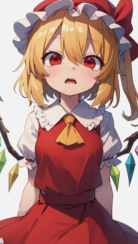 flandre scarlet, white mob cap, amazed, exaggerated expression, red eyes, skirt set, frills, center frills, medium breasts, simple background