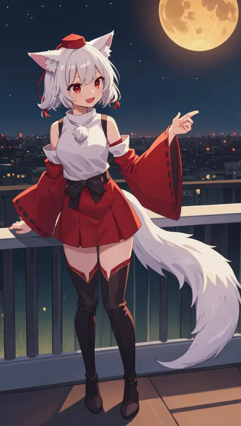 Inubashiri Momiji, Tokin-Hut, graue Haare, fang, Kurzes Haar, Strümpfe, weißes Hemd, rote Augen, Tierohren, weißes Haar, Bandbesatz, wolf tail, Wolfsohren, lange Ärmel, weite Ärmel, abgesetzte Ärmel, nackten Schultern, bangs, Himmel, auf dem Balkon stehend mit Blick auf die Stadt, auf Schiene lehnen, Overknee-Stiefel, Zwillingsschwänze, Nachtdunkelheit, night Himmel, Meisterwerk, beste Qualität