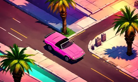 a close up of a pink car driving down a street next to palm trees