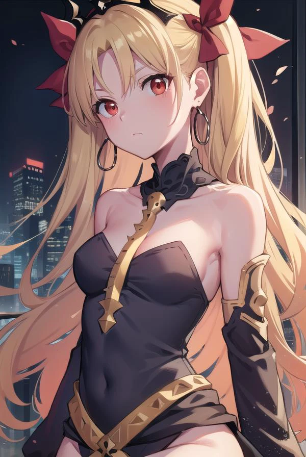 ereshkigal, ereshkigal, blonde hair, earrings, hair bow, hoop earrings, jewelry, long hair, parted bangs, (red eyes:1.5), two side up,
BREAK anklet, asymmetrical legwear, asymmetrical sleeves, black legwear, black leotard, black nails, bow, crown, gold, gold trim, leotard, nail polish, purple bow, single sleeve, single thighhigh, skull, spine, thighhighs, uneven legwear, uneven sleeves, yellow footwear,
BREAK outdoors, city,
BREAK looking at viewer, BREAK (masterpiece:1.2), best quality, high resolution, unity 8k wallpaper, (illustration:0.8), (beautiful detailed eyes:1.6), extremely detailed face, perfect lighting, extremely detailed CG, (perfect hands, perfect anatomy),