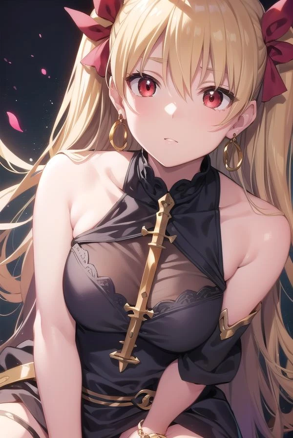 ereshkigal, ereshkigal, blonde hair, earrings, hair bow, hoop earrings, jewelry, long hair, parted bangs, (red eyes:1.5), two side up, BREAK anklet, asymmetrical legwear, asymmetrical sleeves, black legwear, black leotard, black nails, bow, crown, gold, gold trim, leotard, nail polish, purple bow, single sleeve, single thighhigh, skull, spine, thighhighs, uneven legwear, uneven sleeves, yellow footwear, BREAK outdoors, city, BREAK looking at viewer, BREAK (masterpiece:1.2), best quality, high resolution, unity 8k wallpaper, (illustration:0.8), (beautiful detailed eyes:1.6), extremely detailed face, perfect lighting, extremely detailed CG, (perfect hands, perfect anatomy),