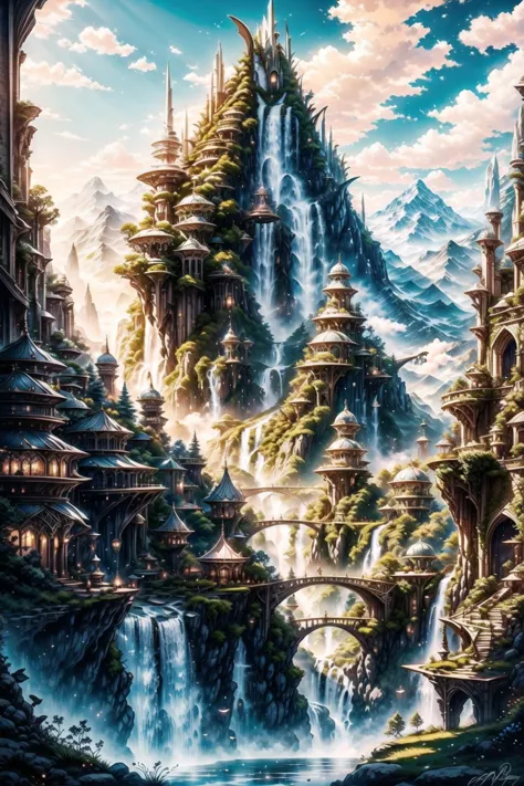 a painting of a waterfall and a mountain with a waterfall