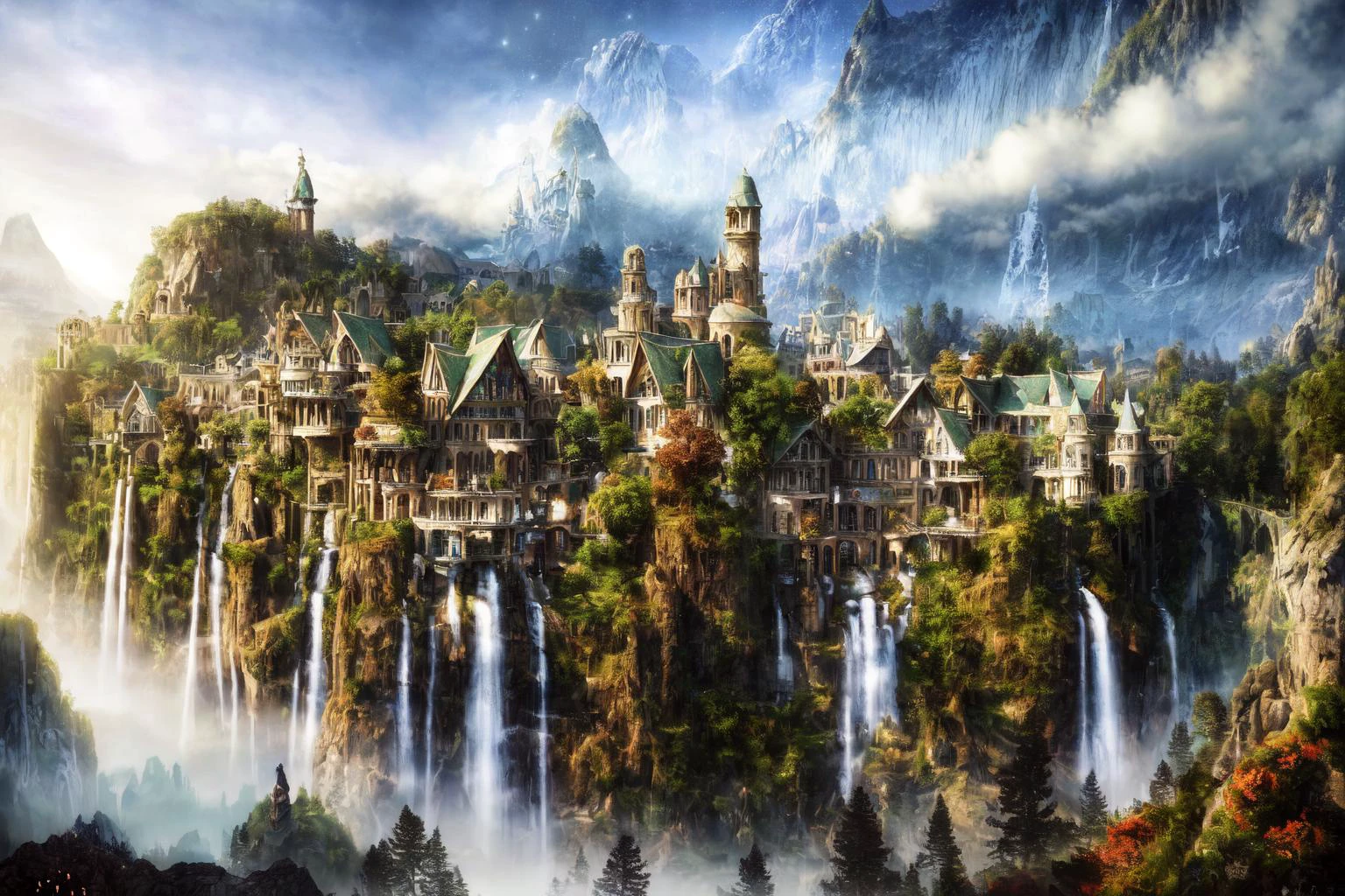 (masterpiece:1.2), (best quality,:1.2), 8k, HDR, ultra detailed, ((photorealistic)), professional light, cinematic lighting, 
fashion photography, ambient lighting, atmospheric effects, a HighElf fantasy city, waterfall, mountains, cliff, 
((perfect hands)), epiCPhoto no human, no people, starry sky, castle, fantasy, future,