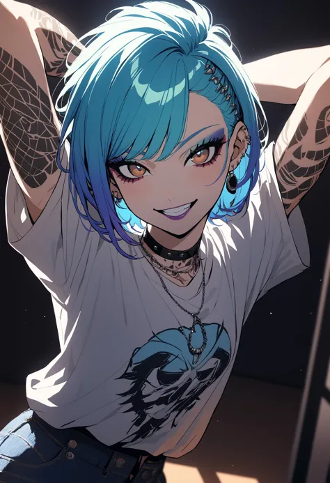 1girl, Holo-Punk Style, aqua hair, arm tattoo, glittery blue hair, brown eyes, earrings, eyelashes, grin, indoors, jewelry, lips...