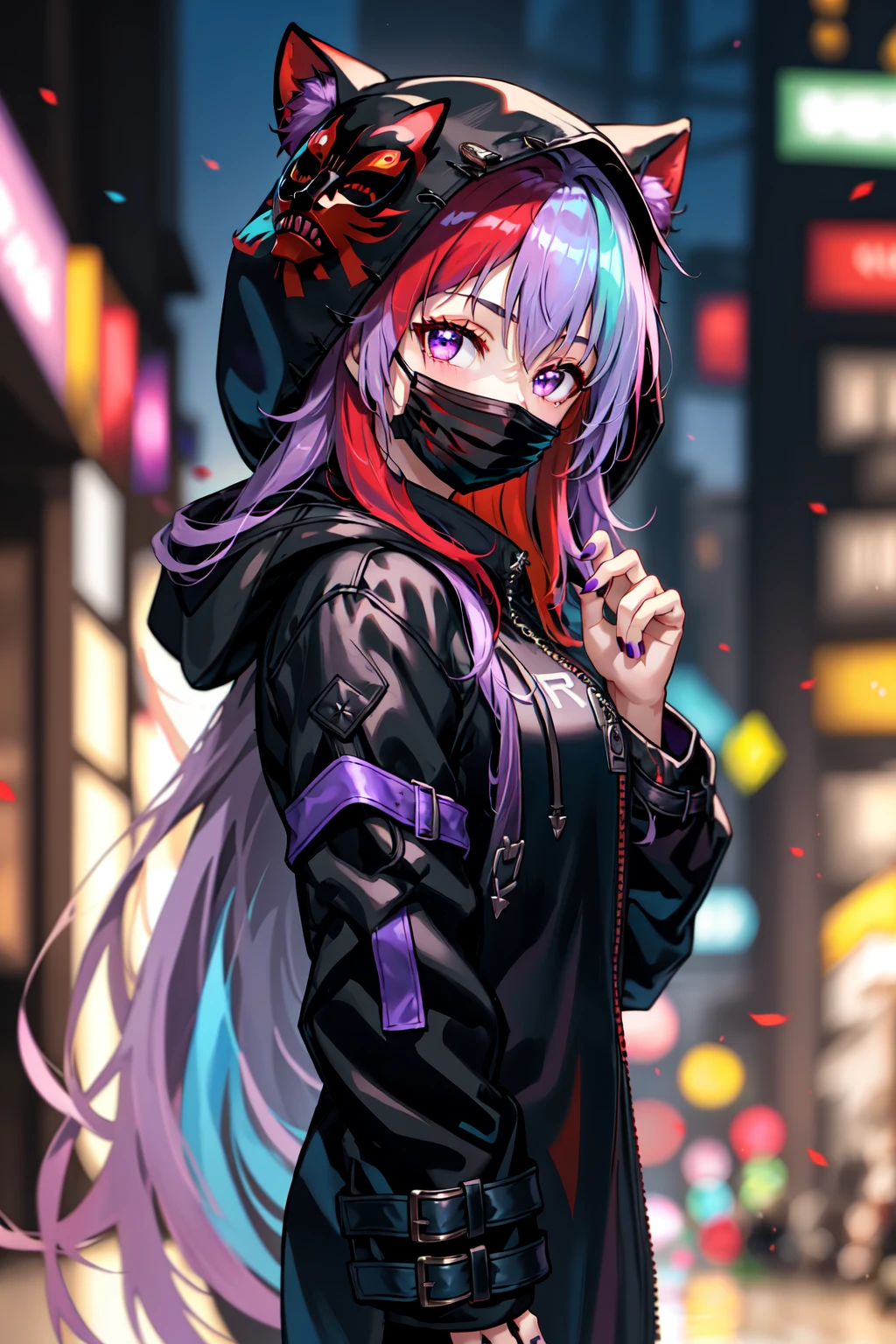 Holo-Punk Style, 1girl, black coat, blurry, blurry background, coat, hood, hood up, long hair, long sleeves, looking at viewer, mask, mouth mask, multicolored hair, nail polish, outdoors, purple hair, purple nails, red hair, solo, very long hair, zipper 