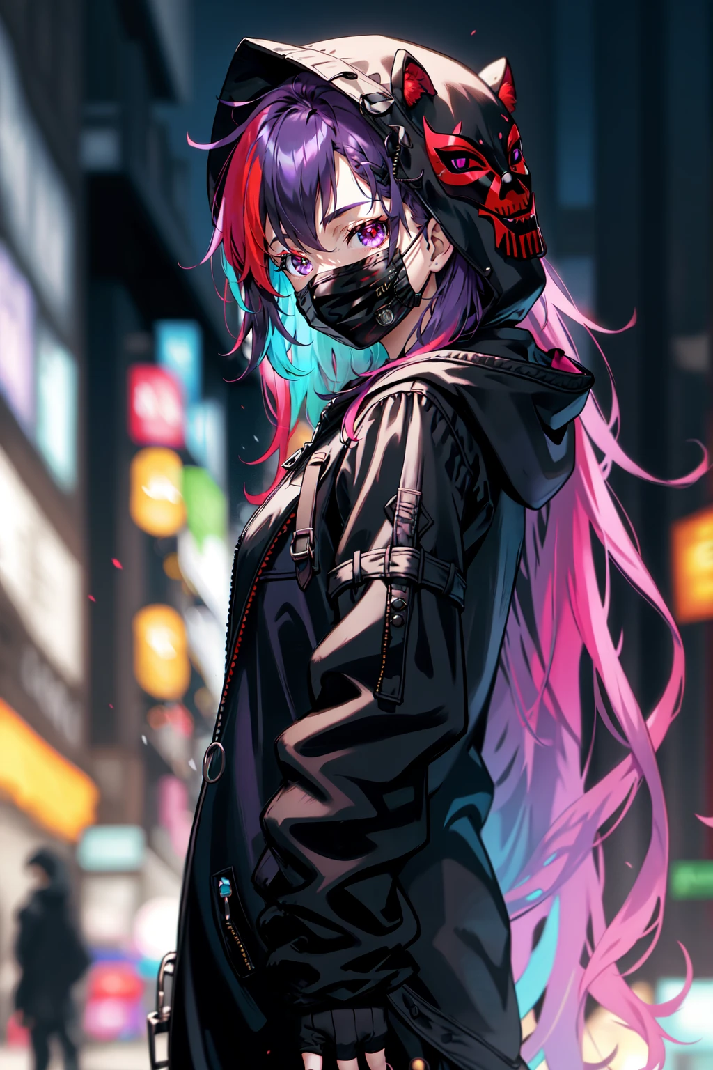 Holo-Punk Style, 1girl, black coat, blurry, blurry background, coat, hood, hood up, long hair, long sleeves, looking at viewer, mask, mouth mask, multicolored hair, nail polish, outdoors, purple hair, purple nails, red hair, solo, very long hair, zipper 