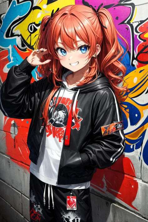 anime girl with red hair and blue eyes posing in front of graffiti wall