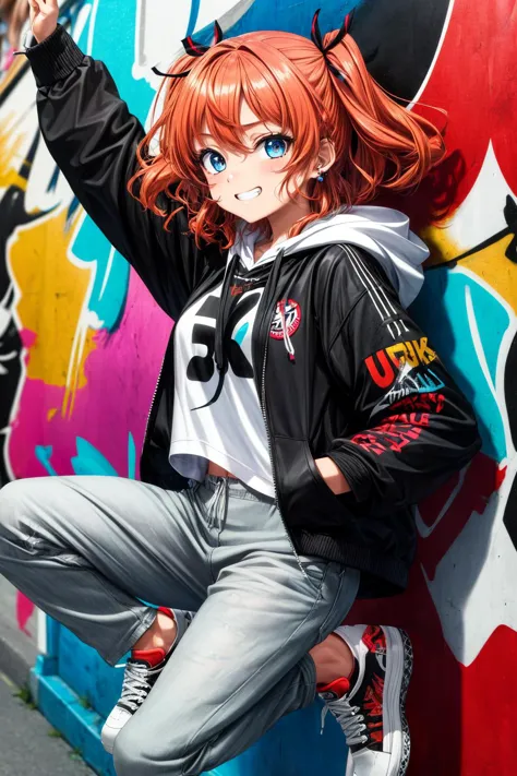 anime girl leaning against a wall with graffiti on it