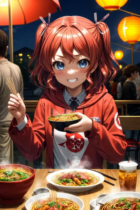 anime girl eating a bowl of noodles with chopsticks at a restaurant