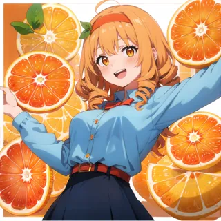 best quality, (anime screencap, anime coloring,:1.1)
(orange slice, vivid_fruits, :1.3), colorful,
1girl, solo,
(cowboy shot:1.1...