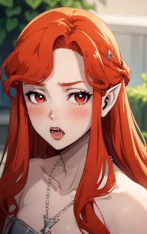 ((masterpiece, best quality)), insaneres, absurdres, solo, looking at viewer, 
NightGown_Lenore_ownwaifu,
1girl, long hair, red hair, red eyes, pointy ears, blush, breasts, cleavage, lips, red lips, collarbone,  fangs, lipstick, makeup, vampire, braid, floating hair, 
jewelry, necklace, pearl necklace, armlet, grey dress, bare shoulders, 
(portrait, straight-on)<lora:CARTOON_Castlevania_Lenore_ownwaifu:0.8>,
 depth of field, vanishing point, garden, sidelighting,