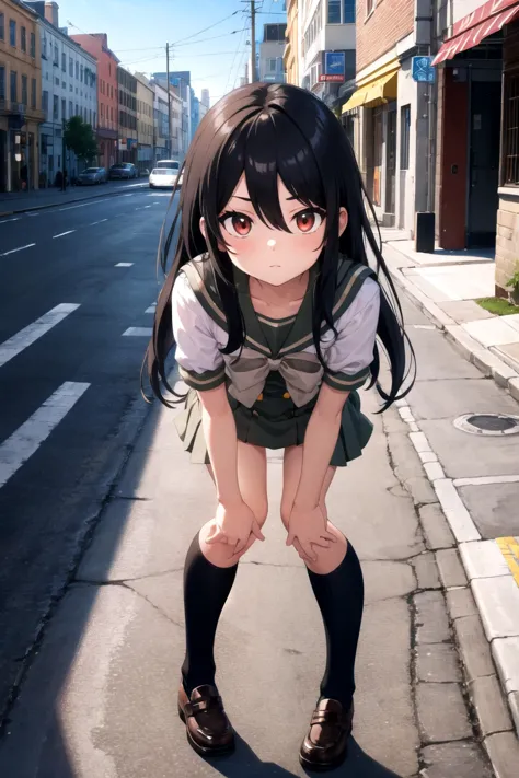 anime girl standing on the side of the road with her hands on her knees