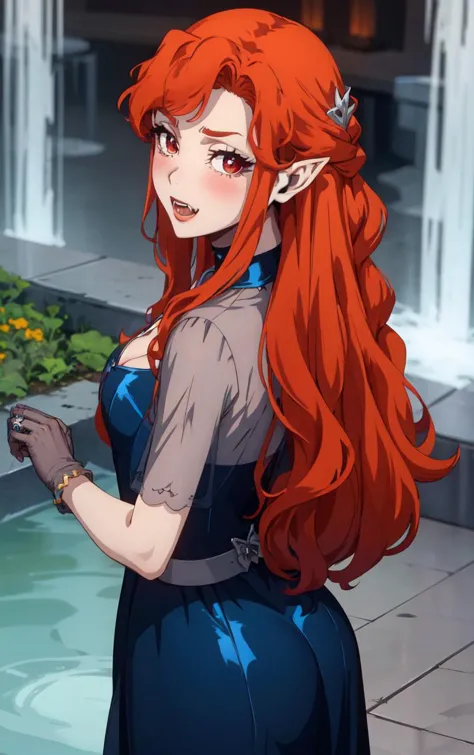 a woman with long red hair standing in front of a fountain