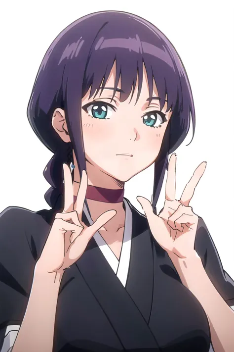 (masterpiece:1.2), best quality, high resolution, unity 8k wallpaper, (illustration), extremely detailed face, perfect lighting, extremely detailed CG, 1girl, solo, nemu, purple hair, japanese clothes, choker, black kimono:1.3, expresionless, looking at viewer, [detailed hand:1.3, perfect hand:1.2, detailed fingers:1.2, perfect fingers:1.3, five fingers:1.8], upper body, (peace sign:1.4), simple background, one hand up:1.4