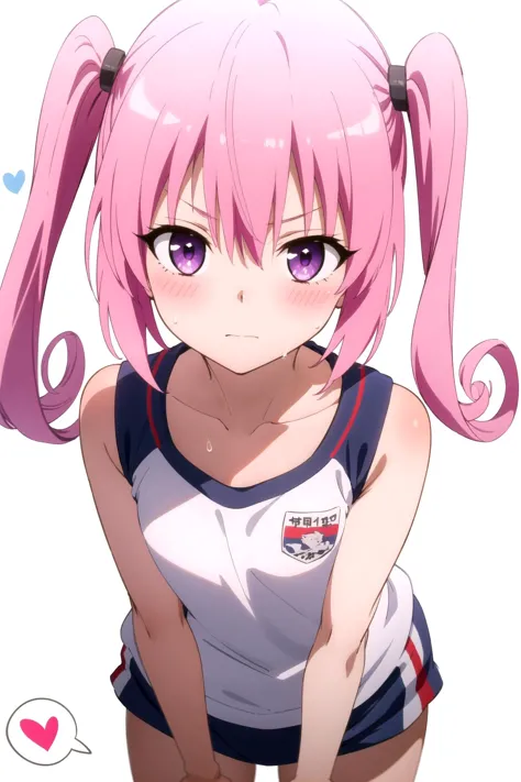 1girl, solo, masterpiece, best quality, 
sweat, to love-ru, to love-ru darkness, nana astar deviluke,  asta deviluke, purple eyes, tsurime, pink hair, medium hair, twintails, gym uniform, gym shirt, white shirt, sleeveless, sleeveless shirt, collarbone, bare arms, flat chest, buruma, bare legs,
cowboy shot, leaning forward, v arms, from above, looking up, looking at viewer,
blush, nose blush, confused, ?,
simple background, white background, heart background, heart, spoken heart