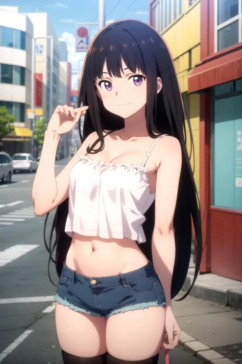 anime girl with long black hair and a white top posing on the street