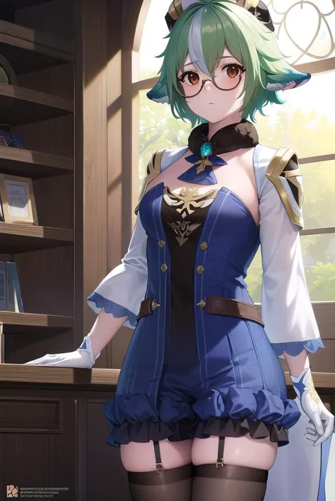 sucrose, <lora:sucrose-lora-nochekaiser:1>,
sucrose, ahoge, animal ears, (brown eyes:1.5), glasses, gradient hair, hair between eyes, messy hair, multicolored hair, semi-rimless eyewear, short hair, green hair,
BREAK frills, fur collar, gem, gloves, green thighhighs, long sleeves, thighhighs, white headwear, zettai ryouiki, skirt, blue skirt,
BREAK indoors, laboratory,
BREAK looking at viewer, (cowboy shot:1.5),
BREAK <lyco:GoodHands-beta2:1>, (masterpiece:1.2), best quality, high resolution, unity 8k wallpaper, (illustration:0.8), (beautiful detailed eyes:1.6), extremely detailed face, perfect lighting, extremely detailed CG, (perfect hands, perfect anatomy),