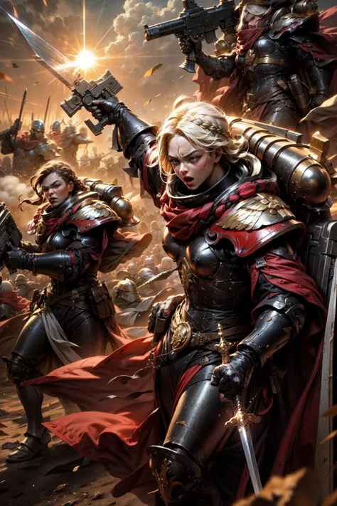 (comic style:1.2), solo, female focus, braided hair, cowboy shot, photo of a group of adepta sororitas, order of (bloody rose:1.2), wearing full armor, pelvic curtain, armor, helm details,  full red armor with gold detail, bronze trimmings, holding gun, holding sword, 
battle, army, firing, gun,  tense facial expression, (detailed mechanical wings, flying :0.8) 
standing by desert storm, sandstorm, dune, dark ambiance,  ((dawn:1.2)), dim sun light,     <lora:tool - add_detail:0.6>   <lora:Adepta Sororitas MK1 by CARAXES:0.8> <lyco:cosmetic - UnlimitedBladeWorks1.6:0.6>