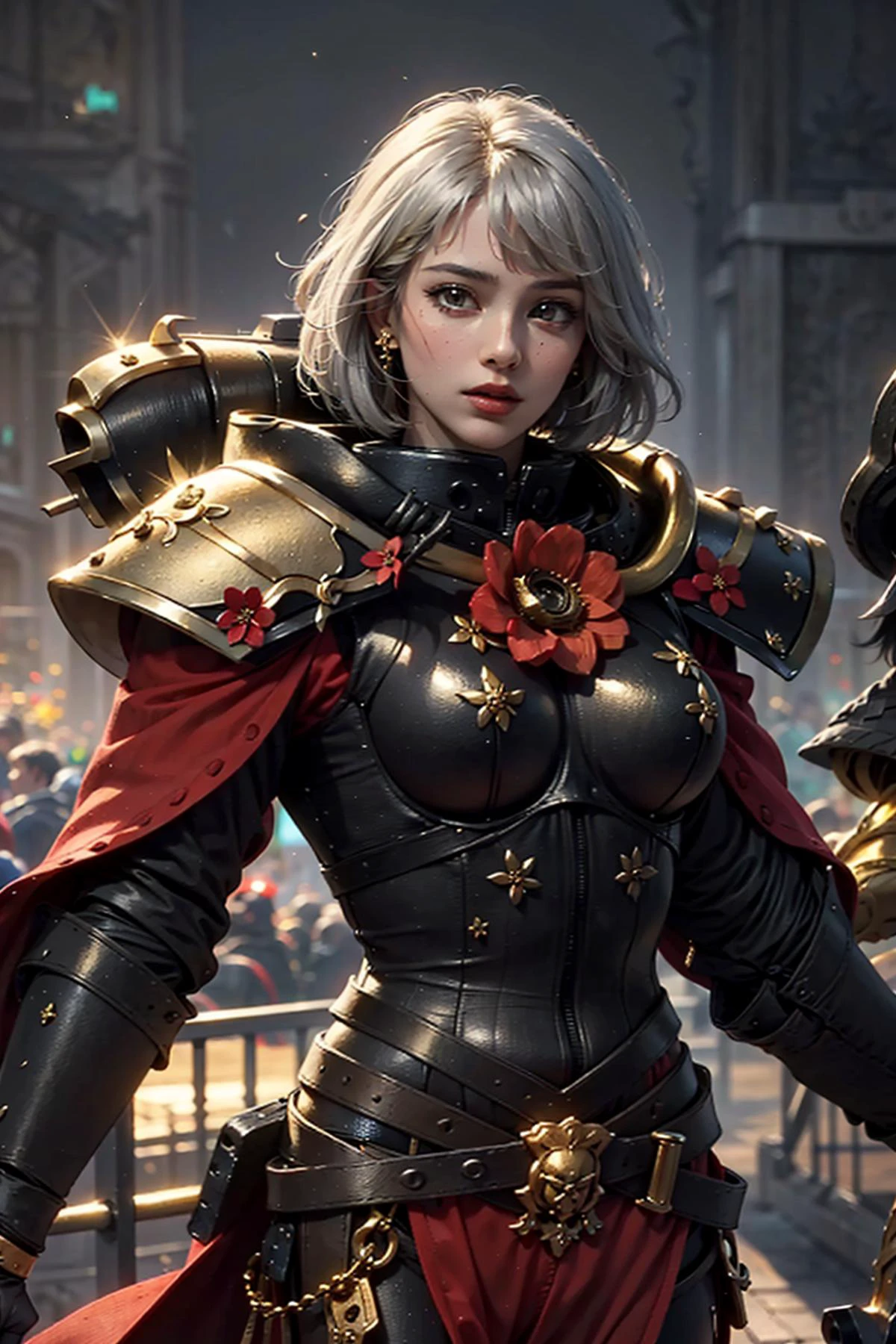 (1girl :1.3),portrait, woman, sister of battle, holding sword, dark background,(black and gold black flower armor:1.5), (hdr:1.4), high contrast, (cinematic:0.85), (muted colors, dim colors, soothing tones:1.3), low saturation, smoke,shining sword,cluster amaryllis,wind,dragon loong spirit behind,perfect anatomy, centered, approaching perfection, (athletic female), detailed face, short hair, white hair, bangs, feminine, nice breasts, beautiful detailed girl, extremely detailed fingers, cute, young, mature face, realistic face, realistic body,armour, adepta sororitas