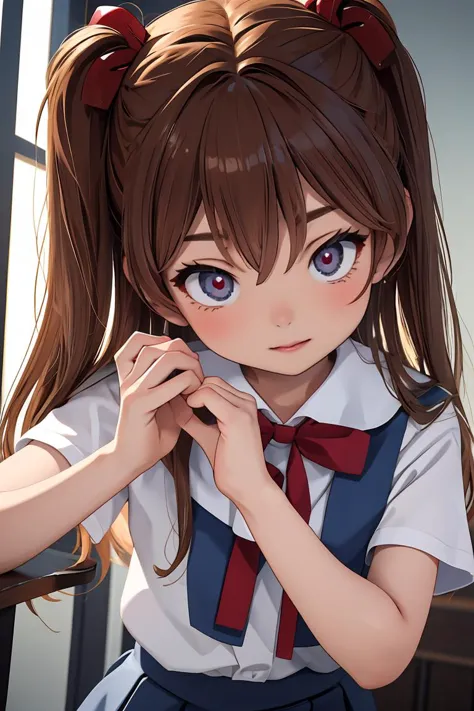 anime girl with long hair and blue eyes wearing a school uniform