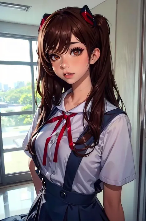 <lora:shoe:1> brown eyes, brown hair, long hair,  <lora:eva school unifrom_20231114021315:0.75> eva school unifrom, 1girl, solo, tokyo-3 middle school uniform,  shirt, short sleeves, suspender skirt, neck ribbon,, absurdres, ultra detailed, masterpiece, best quality, aesthetic, detailed,