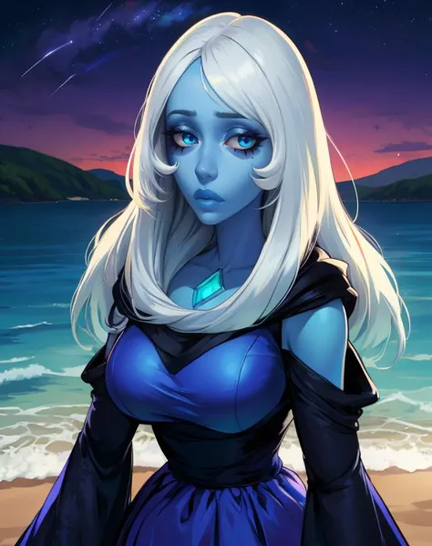 Bledim,white hair,sad,(blue skin:1.1),blue eyes,gem between collarbone, eye_bags, 
blue dress,wide sleeves,
beach,stars,hood dow...