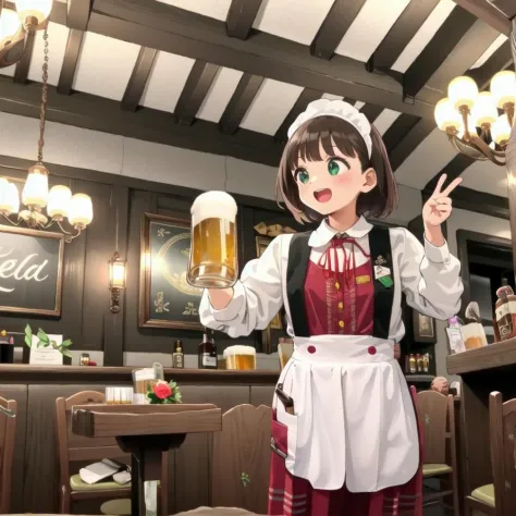 best quality, ultra-detailed, illustration,
NMC, 1girl, beer, smile, cup, black hair, holding cup, mug, alcohol, food, holding, short hair, open mouth, ribbon, beer mug, brown hair, apron, waitress, neck ribbon, shirt, laughing, happy, 
newmunchen, chair, table, indoors, cafe, cup, ceiling light, food, drinking glass, tiles, chandelier, traditional media, ceiling, alcohol, glass, clock, lamp, light, bottle, 
<lora:NMC_SD15_V2:1>