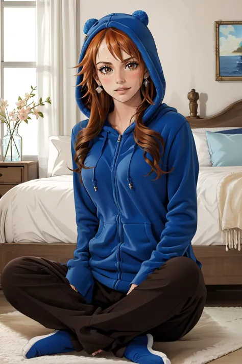 araffe in a blue hoodie sitting on a bed