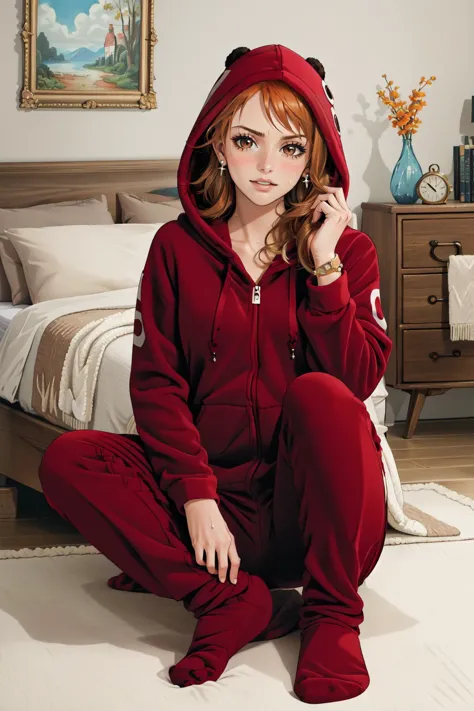 araffe in a red hoodie and matching pants sits on a bed