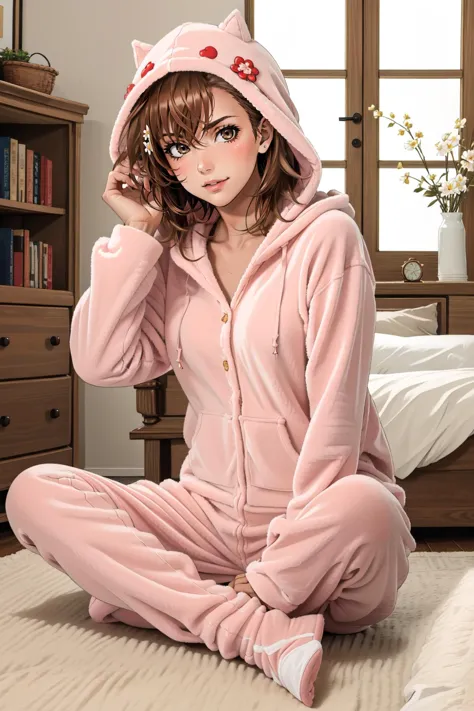 (masterpiece, best quality),  intricate details,
1girl,   ,  <lora:misaka_mikoto_v1:0.8> aamikoto, short hair, hair flower
 <lora:footie-10:0.8> hoodie-footie pjs, hood up, hood down
indoors, bedroom, cute,  hoodie-footie pjs, hood up, hood down