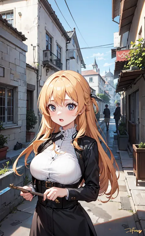 best quality, sunshine, detailed background,extremely detailed,body ratio, girl, cute, blonde hair, ruined city