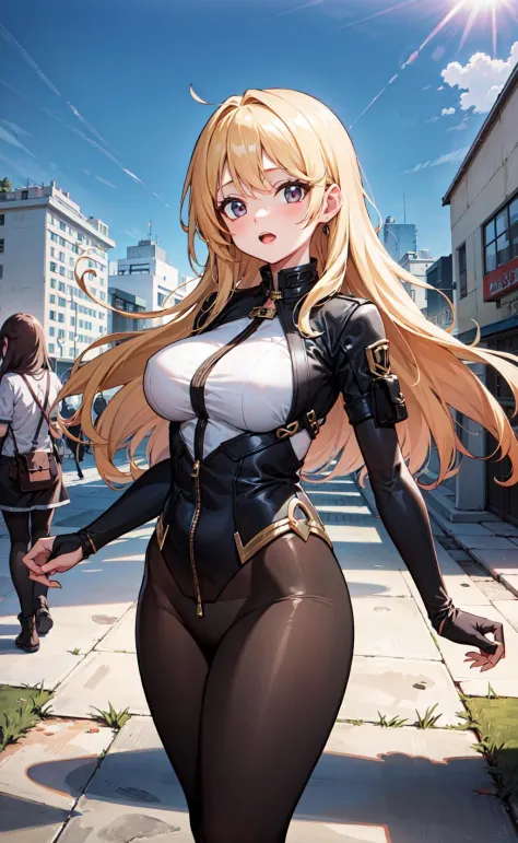 best quality, sunshine, detailed background,extremely detailed,body ratio, girl, cute, blonde hair, ruined city