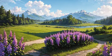 (masterpiece,best quality) PC Wallpaper, Mountain Scenery, High Detail, 4K, Daytime, green valley, spring, blue_sky, building, bush, city, cloud, cloudy_sky, day, field, flower, flower_field, forest, grass, hill, horizon, landscape, mountain, mountainous_horizon, nature, no_humans, ocean, outdoors, path, river, road, scenery, sky, afternoon, tree, water, wisteria, purple flower, eastern landscape, snowy mountain