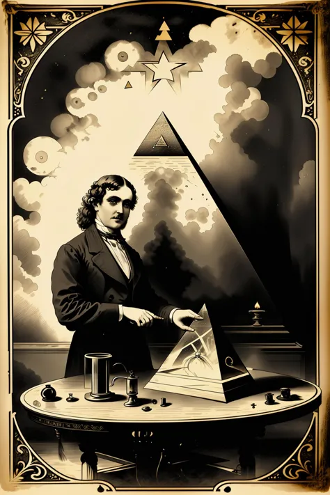 a victorian  poster advertising a        a man sitting on a table with a pyramid on his head and a sun on his head above his hea...