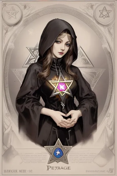 a woman in a black robe holding a star of david