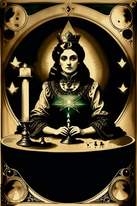 a victorian  poster advertising a  a woman in a blue robe sitting at a table with skulls and candles in front of her and a star ...