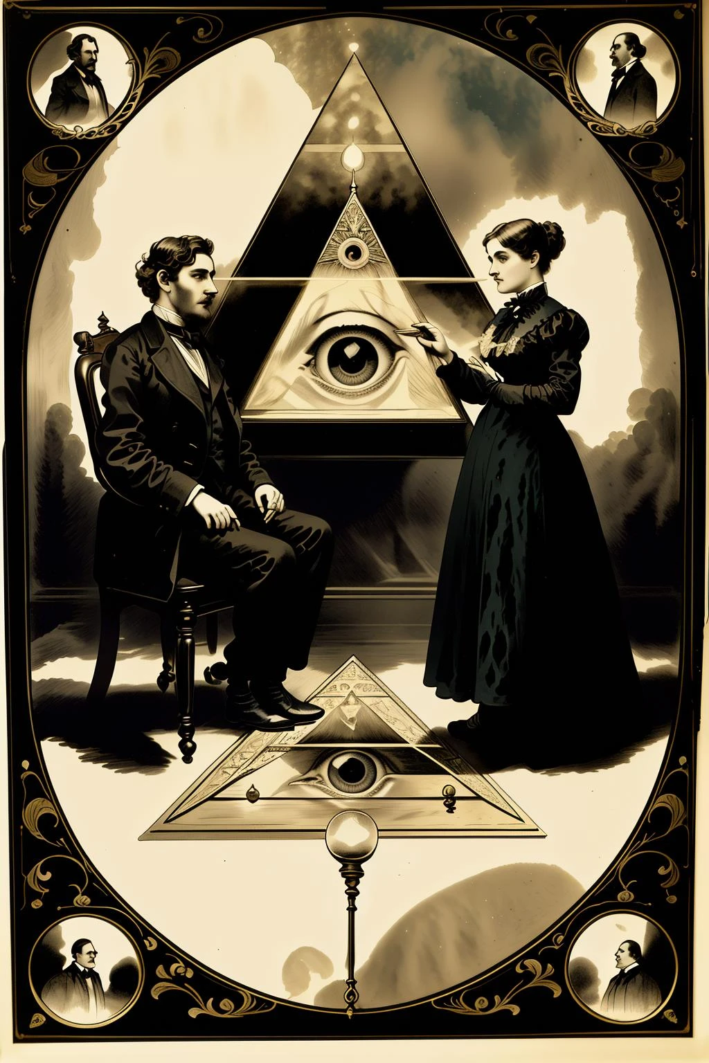 a วิคตอเรียน  poster advertising a  a painting of two people sitting on a rug in front of a pyramid with an eye in the center of the image and a third person standing on the floor , 1800, ชาร์ลส แม็กออลีย์, ตั้งขึ้นในปี พ.ศ. 2403, ซิลค์สกรีน, โรงเรียนอเมริกันบาร์บิซอน,  วิคตอเรียน_ลึกลับ , (( วิคตอเรียน style graphic ))