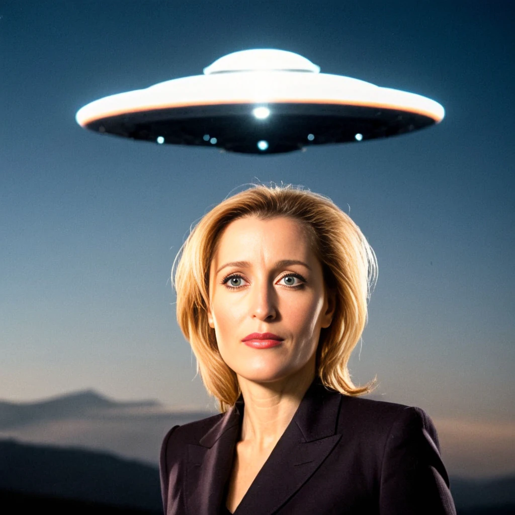 a portrait (gillianxx:1.2) with a UFO behind, 