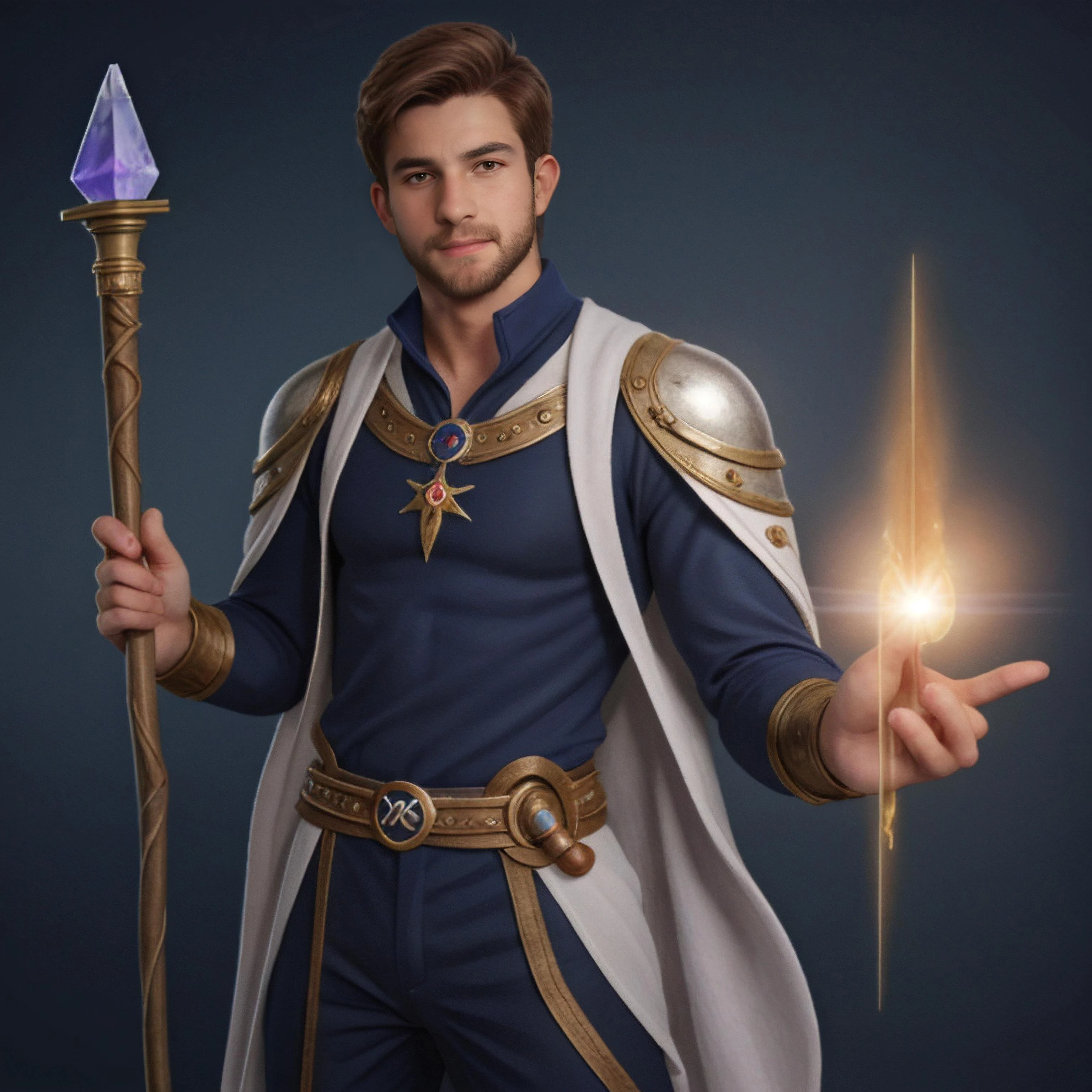 1boy, face,  realistic, muscle, mage outfit, holding a crystal staff, MAGIC CLOTHING, INFINITE MAGIC