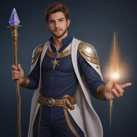 1boy, face,  realistic, muscle, mage outfit, holding a crystal staff, MAGIC CLOTHING, INFINITE MAGIC<lora:Daniel Adjuto:0.5>