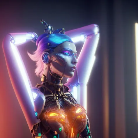 a woman in a futuristic suit with neon lights on her head