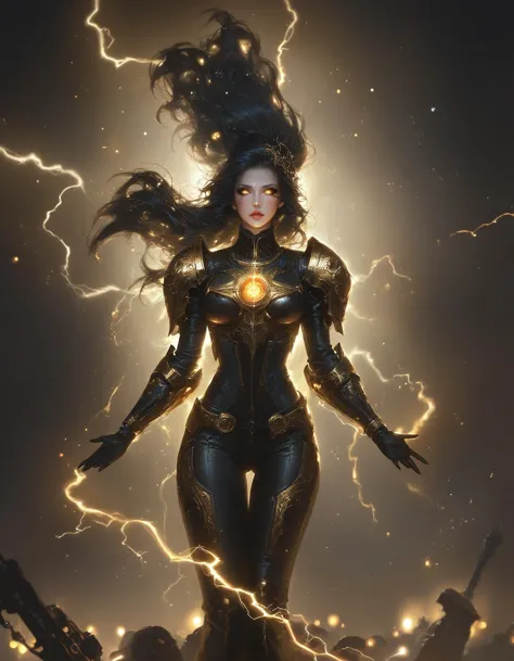 a woman in armor standing in front of lightning