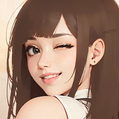 anime girl with long hair and a white top smiling